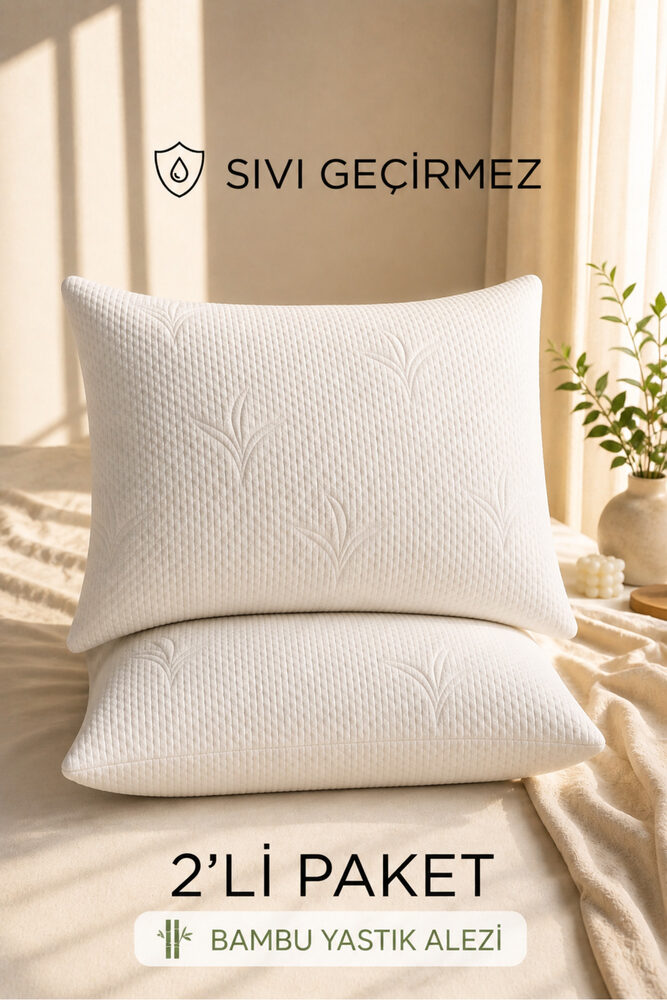 2 Adet Bambu Lüks Sıvı Geçirmez Yastık Alezi | 50x70cm Su Geçirmez Jakarlı Yastık Alezi 2'li Set