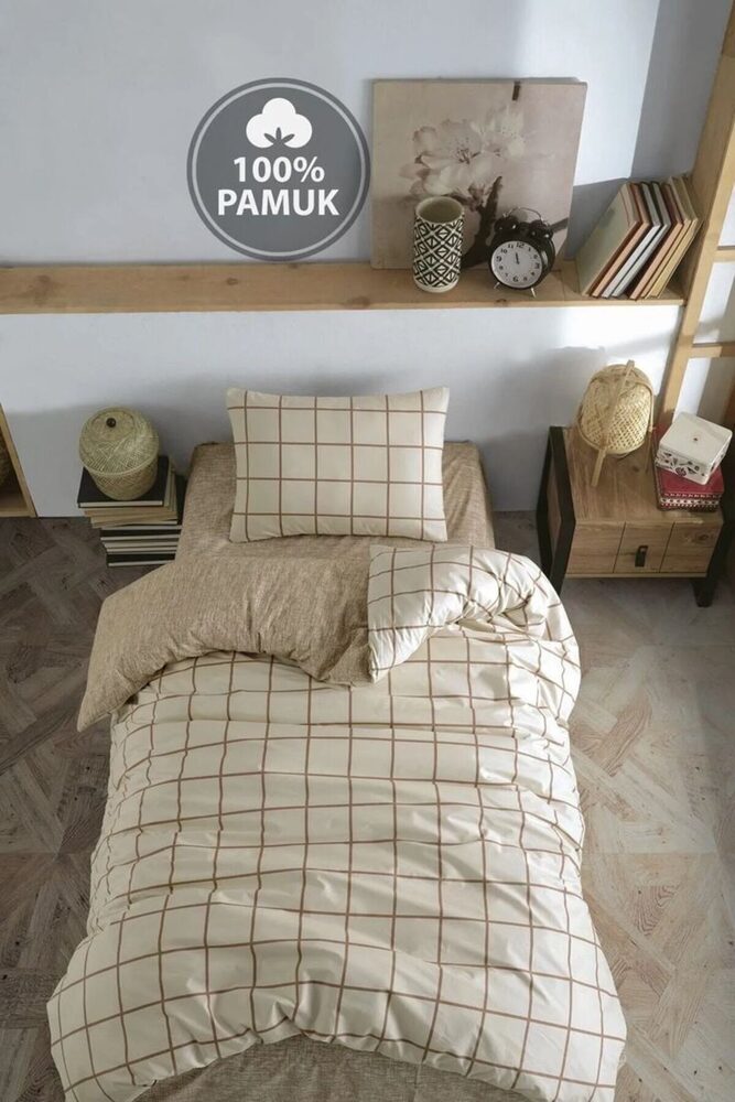 Ranforce Ecose Lara Bej desen tek kişilik Lüks Nevresim takımı (LASTİKLİ ÇARŞAFLI) 3 Parça Set